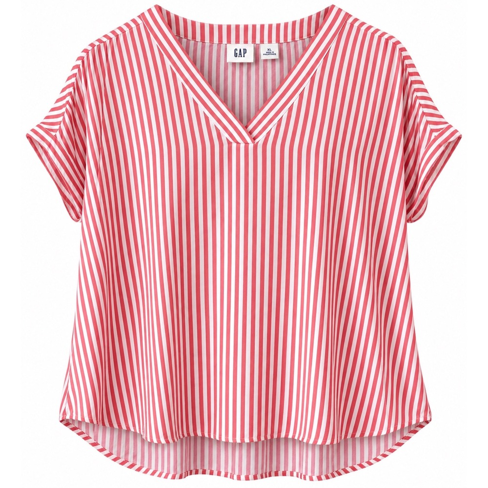 GAP XL Pink & White Striped V-Neck Rayon Blouse Relaxed Short Sleeve